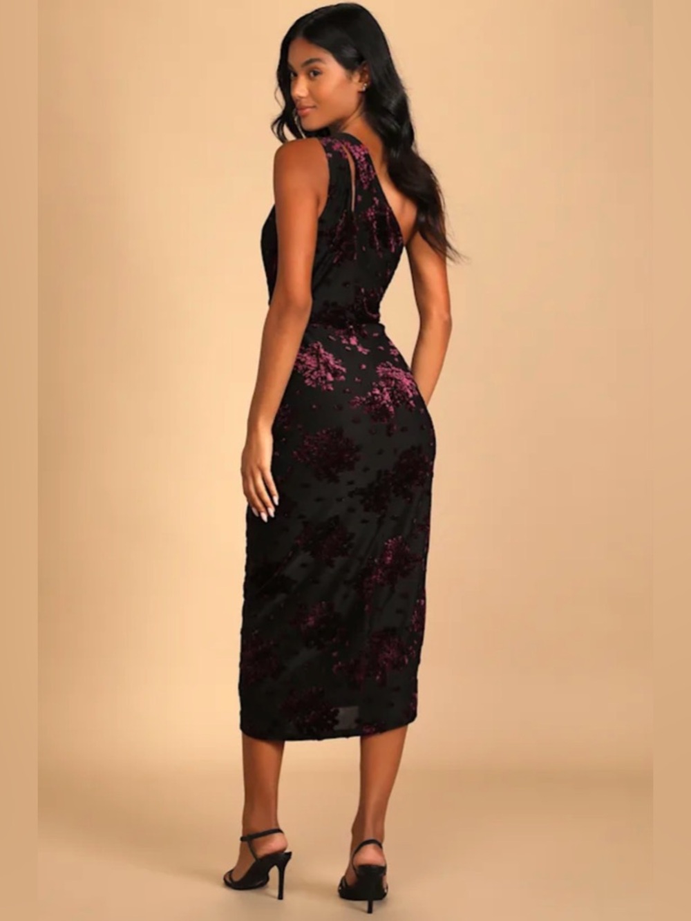 One-Shoulder Black Floral Burnout Midi Dress - NWT - Picture 2 of 9